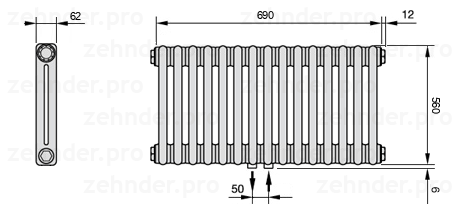 Схема (чертеж) Радиатор Zehnder Charleston 2056/15 №5410 Белый глянцевый RAL 9016